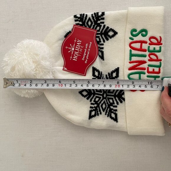 Holiday Time Womens Santas Helper Pom Pom Knit Beanie Hat Winter White - Picture 7 of 7